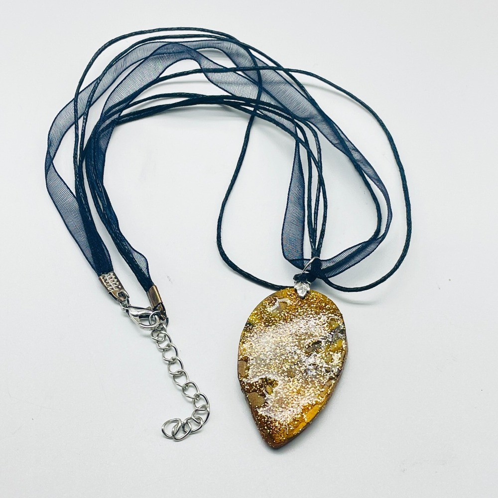 Black Ribbon Cord Necklace Gold Tone Leaf Pendant Nature Statement